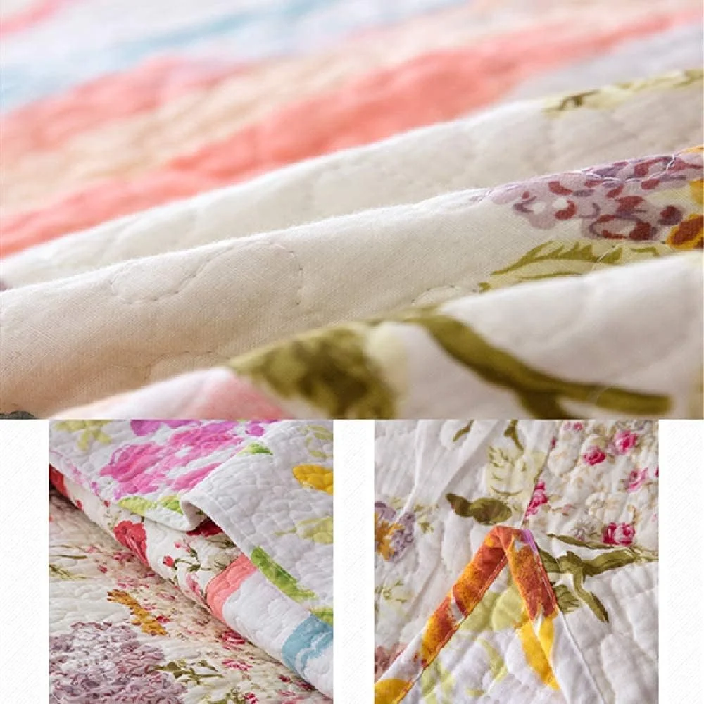 روتختی، روتختی های پنبه ای سبک روستایی، ست سه تکه لحاف تکه دوزی دست دوز با طرح راه راه گل رز، روکش تخت خواب نرم و راحت با روبالشی