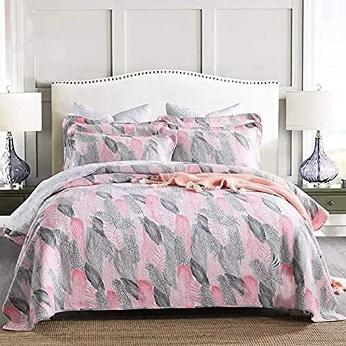 روتختی پنبه‌ای سه تکه سایز کینگ، طرح گلدوزی شده دو رو، لحاف تکه دوزی شده با طرح گل، سبک و مناسب، روکش تخت خواب تزئینی به همراه 2 روبالشتی، صورتی