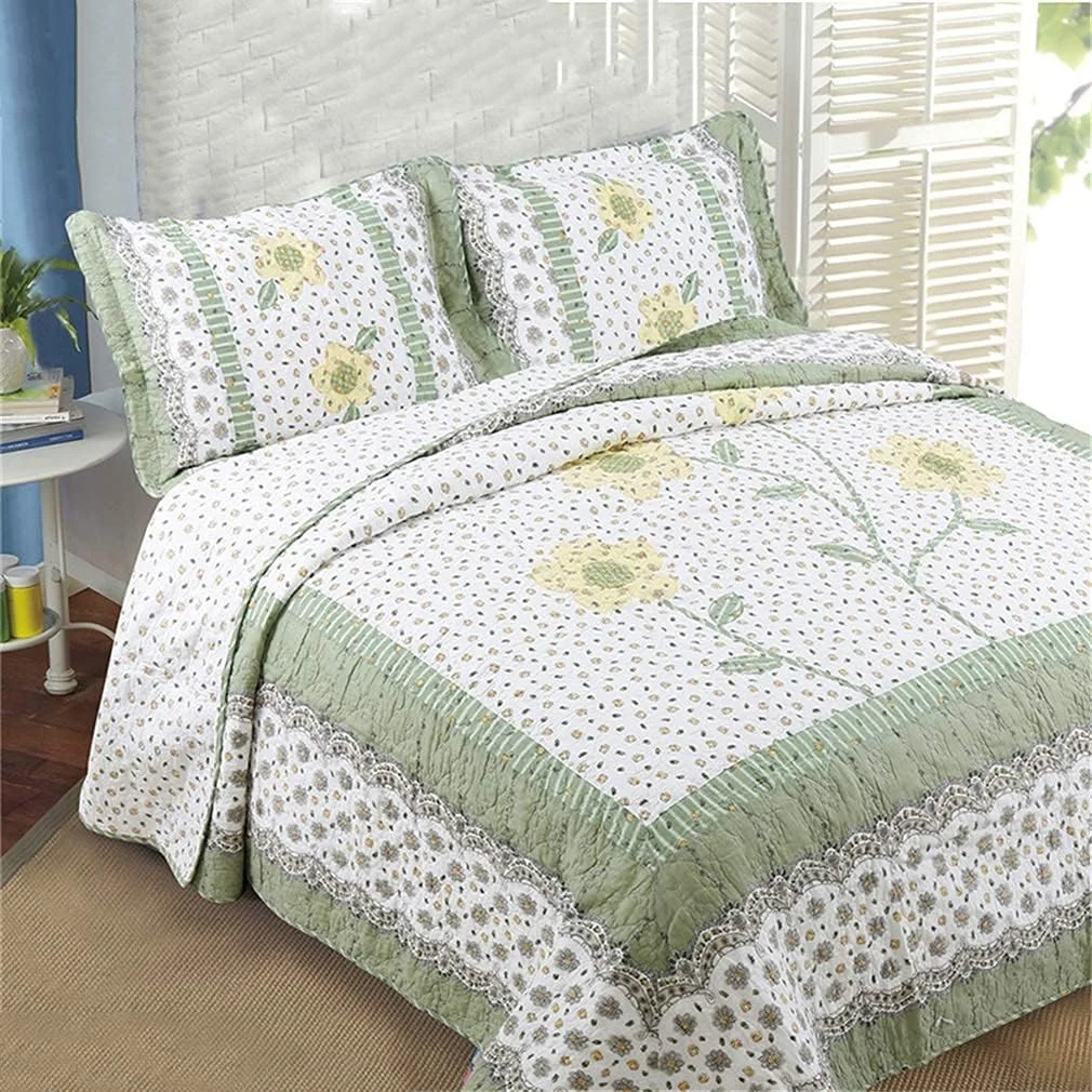 ست 3 تکه ملحفه لحافی دست دوز تکه دوزی شده 230 * 250 سانتی متر 50 * 70 سانتی متر 2 عدد برای تخت 150 یا 135 دو رو، صورتی، سبز