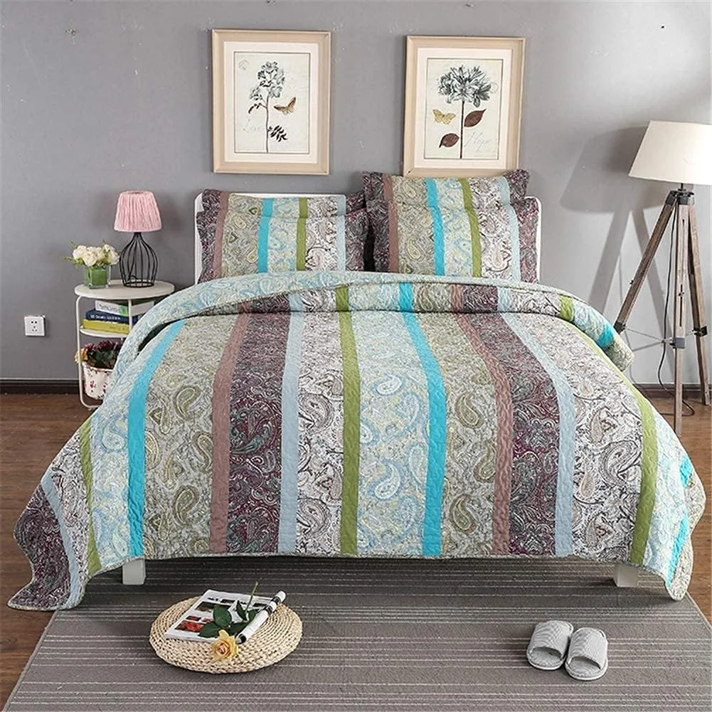 روتختی تکه دوزی شده سه تکه با طرح راه راه گلدار قرمز، سبز و آبی، لحاف پنبه ای به همراه 2 روبالشتی، آبی، آبی