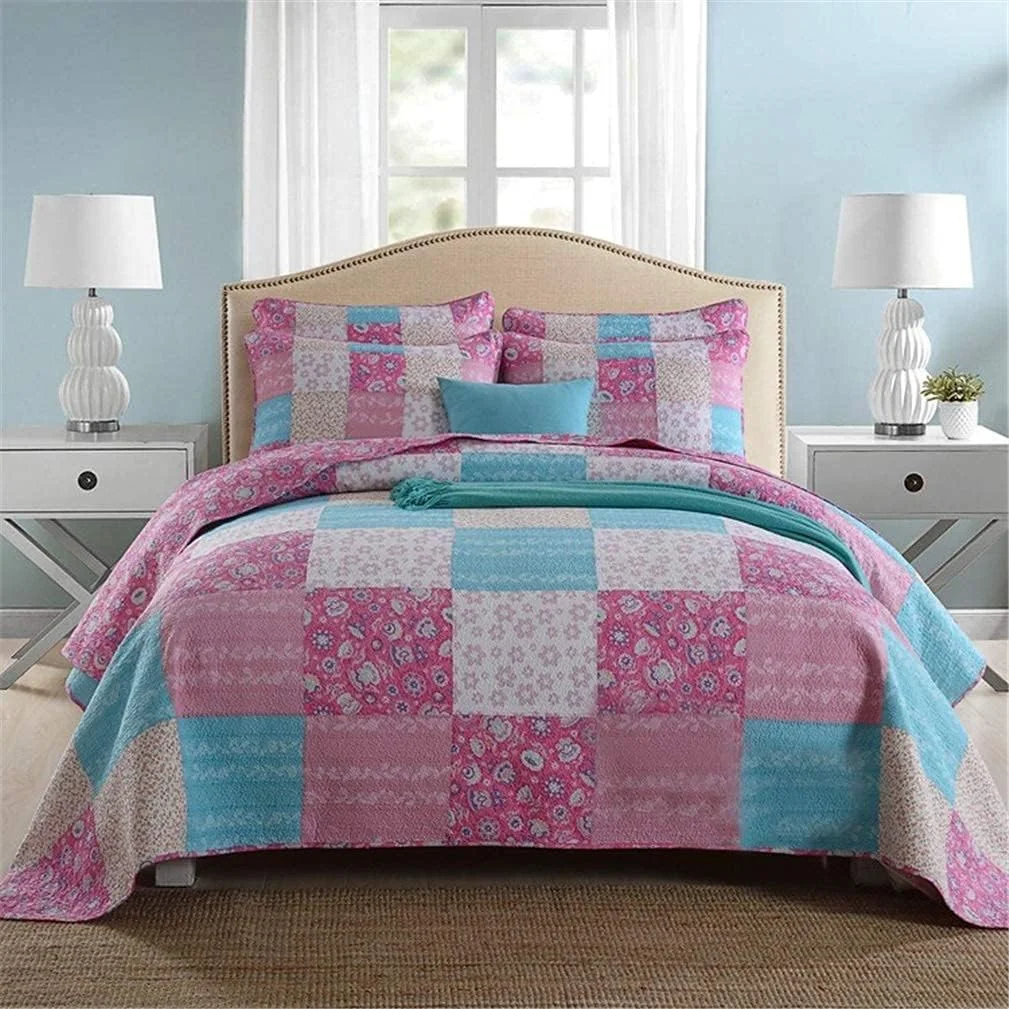 ست روتختی تکه دوزی شده سه تکه سایز کینگ 230x250 سانتی متر، لحاف پنبه ای صورتی، ست ملحفه سه تکه با 2 بالش