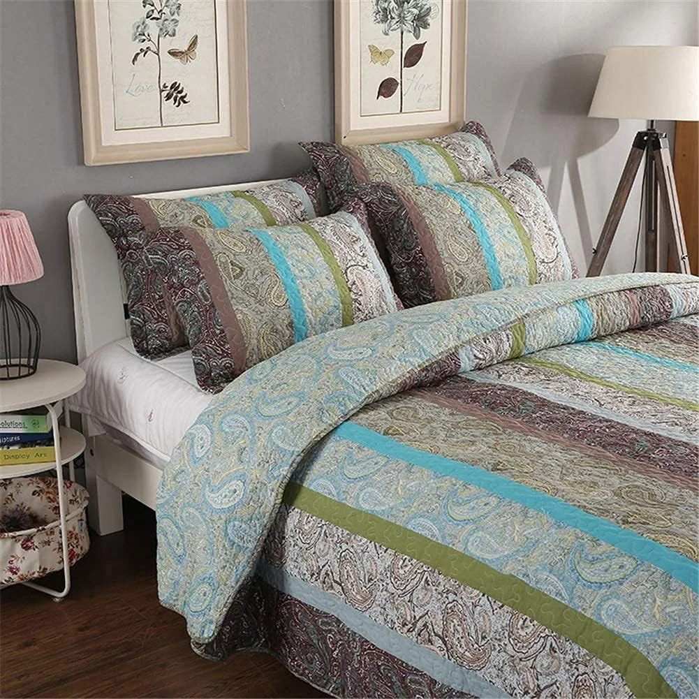 روتختی تکه دوزی شده سه تکه با طرح راه راه گلدار قرمز، سبز و آبی، لحاف پنبه ای به همراه 2 روبالشتی، آبی، آبی روتختی تکه دوزی شده سه تکه با طرح راه راه گلدار قرمز، سبز و آبی، لحاف پنبه ای به همراه 2 روبالشتی، آبی، آبی