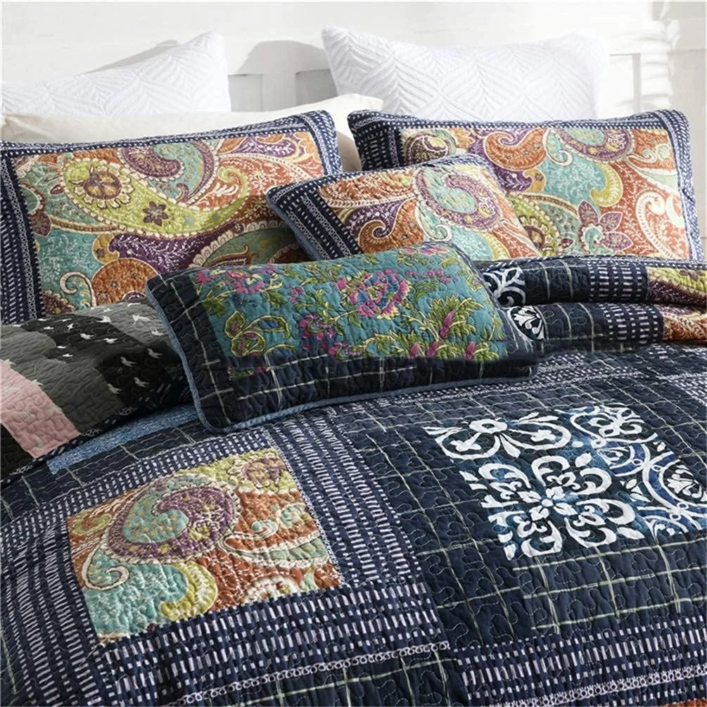 روتختی تکه دوزی شده جی بی ام یو ال جی سایز سوپر کینگ 3 تکه طرح راه راه آبی گلدار، لحاف روتختی سبک وزن 230x250 سانتی متر