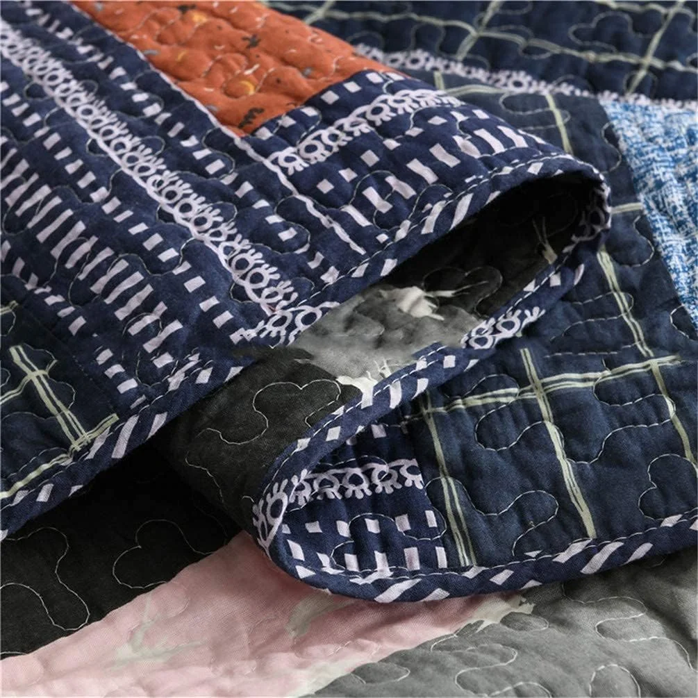 روتختی تکه دوزی شده جی بی ام یو ال جی سایز سوپر کینگ 3 تکه طرح راه راه آبی گلدار، لحاف روتختی سبک وزن 230x250 سانتی متر