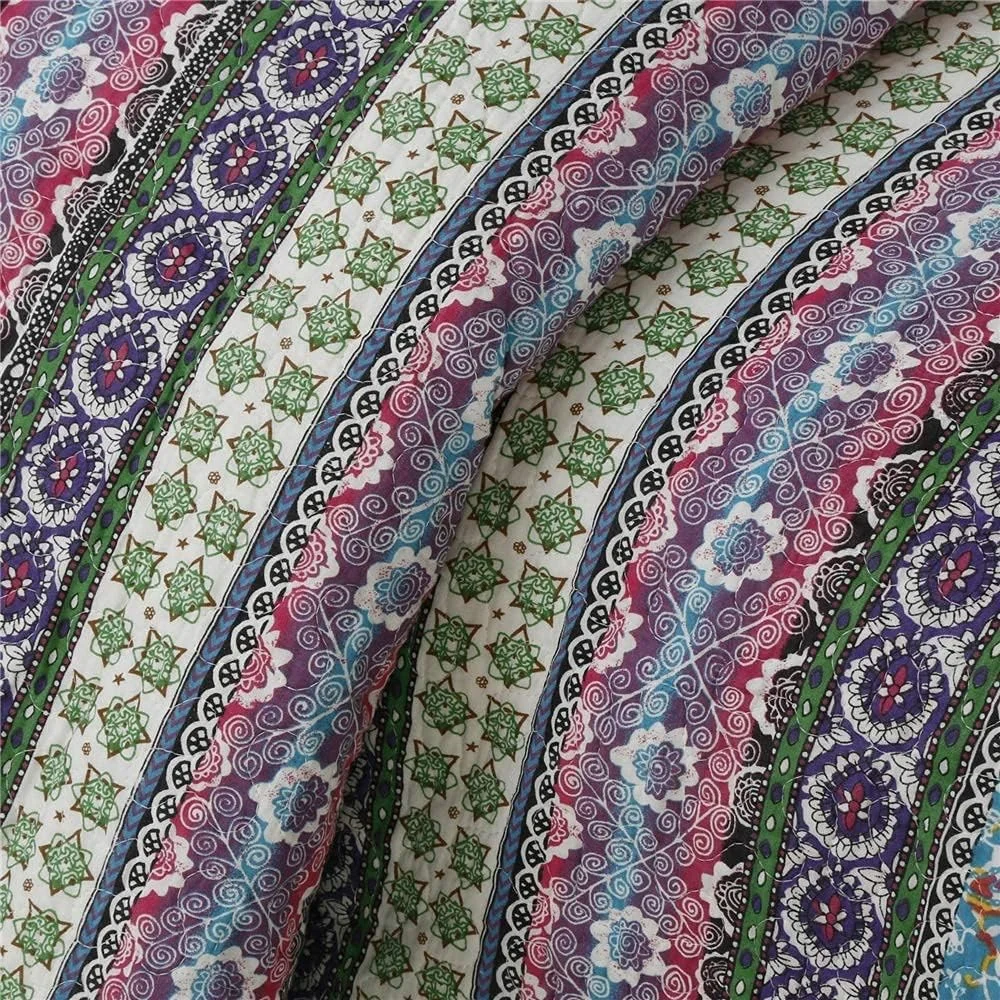 روتختی پنبه ای طرح دار، لحاف تکه دوزی شده، روانداز تخت خواب، طرح راه راه، ست ملحفه 3 تکه، سبک و نرم به همراه 2 روبالشتی