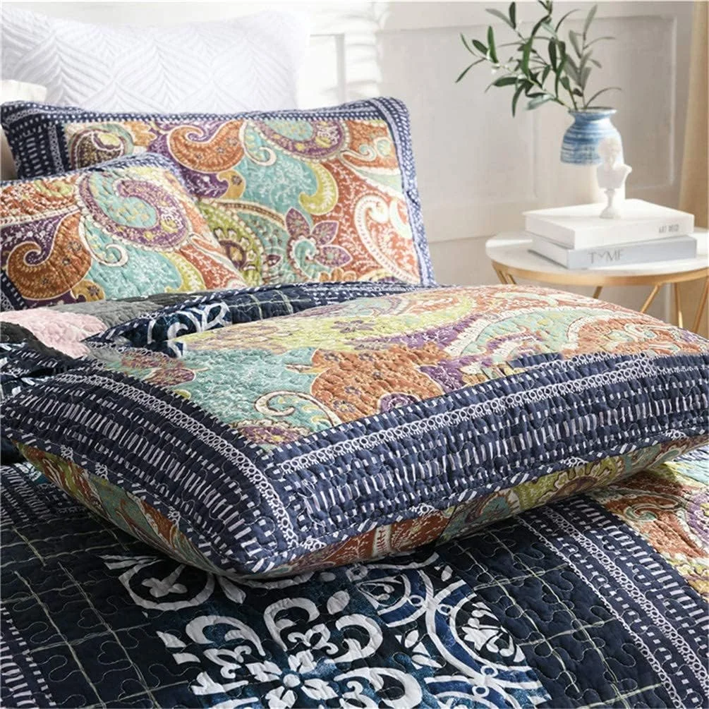 روتختی تکه دوزی شده جی بی ام یو ال جی سایز سوپر کینگ 3 تکه طرح راه راه آبی گلدار، لحاف روتختی سبک وزن 230x250 سانتی متر