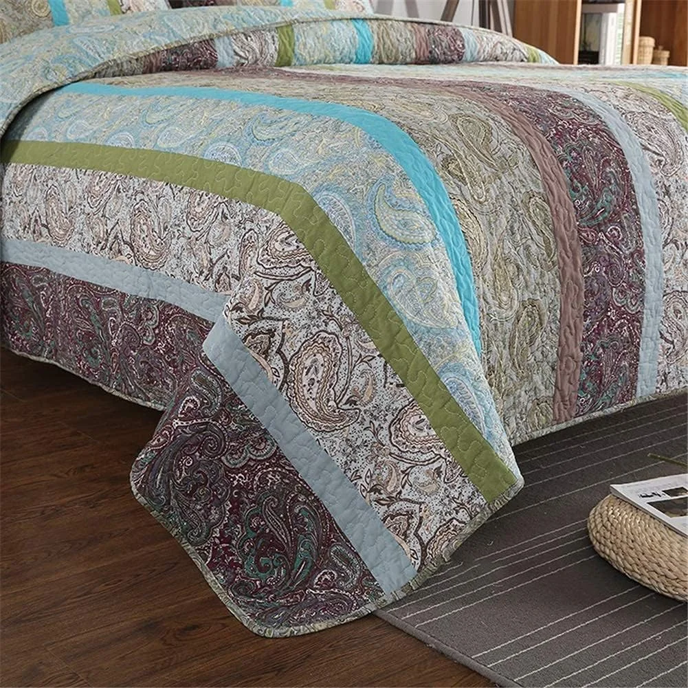 روتختی تکه دوزی شده سه تکه با طرح راه راه گلدار قرمز، سبز و آبی، لحاف پنبه ای به همراه 2 روبالشتی، آبی، آبی روتختی تکه دوزی شده سه تکه با طرح راه راه گلدار قرمز، سبز و آبی، لحاف پنبه ای به همراه 2 روبالشتی، آبی، آبی