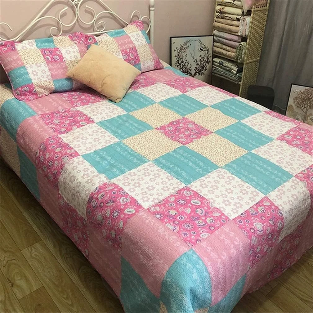 ست روتختی تکه دوزی شده سه تکه سایز کینگ 230x250 سانتی متر، لحاف پنبه ای صورتی، ست ملحفه سه تکه با 2 بالش