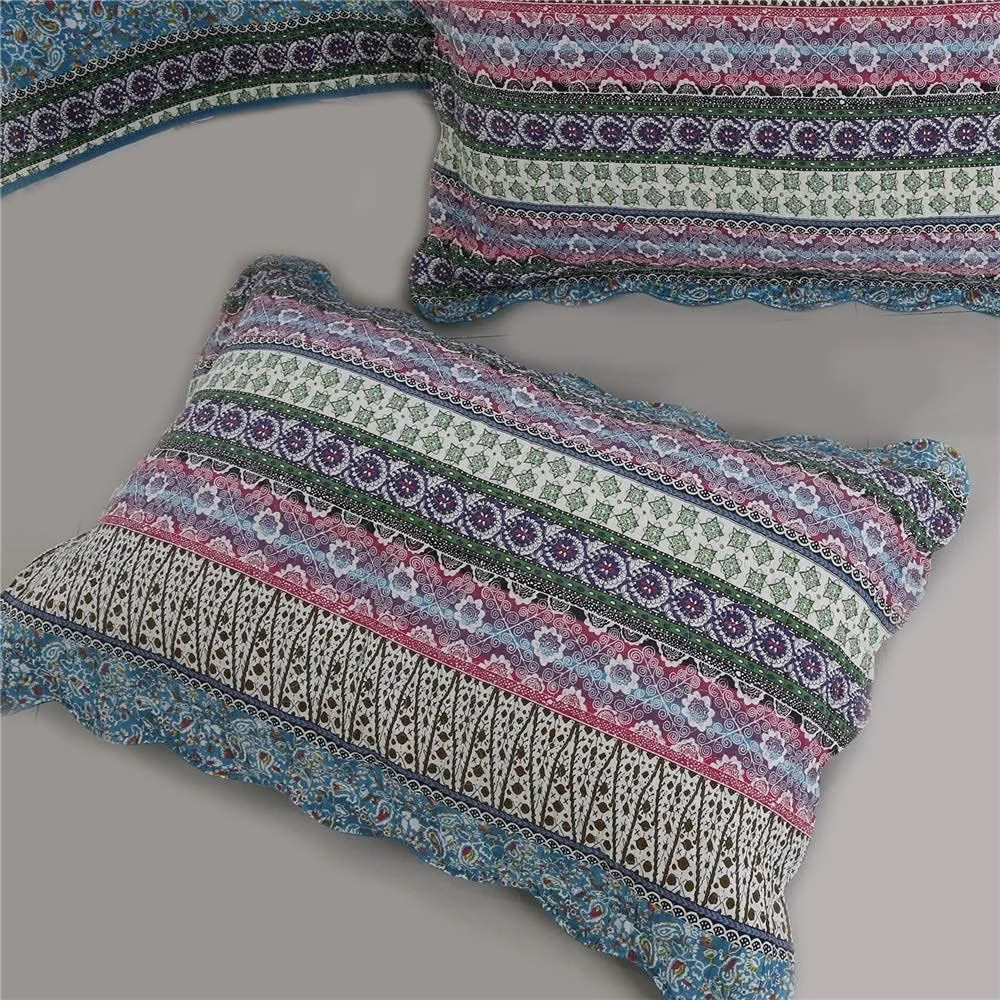 روتختی پنبه ای طرح دار، لحاف تکه دوزی شده، روانداز تخت خواب، طرح راه راه، ست ملحفه 3 تکه، سبک و نرم به همراه 2 روبالشتی