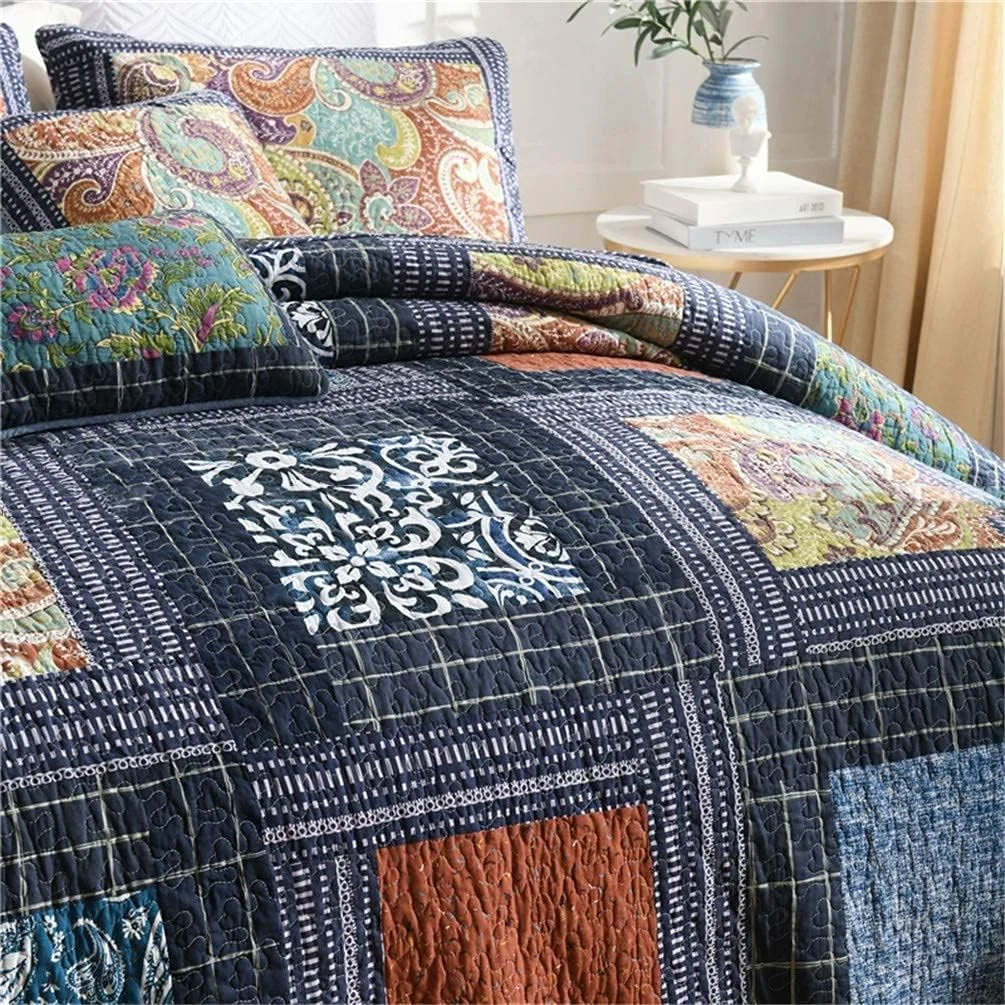 روتختی تکه دوزی شده جی بی ام یو ال جی سایز سوپر کینگ 3 تکه طرح راه راه آبی گلدار، لحاف روتختی سبک وزن 230x250 سانتی متر