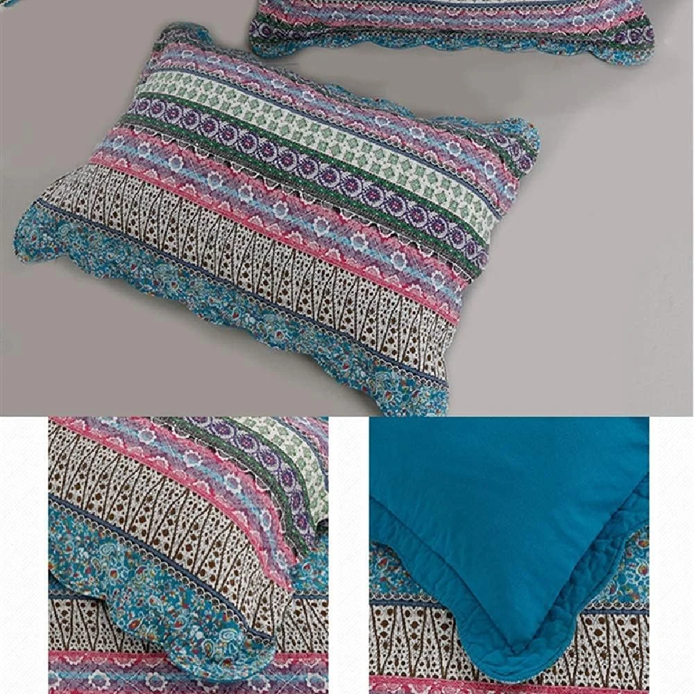 روتختی پنبه ای طرح دار، لحاف تکه دوزی شده، روانداز تخت خواب، طرح راه راه، ست ملحفه 3 تکه، سبک و نرم به همراه 2 روبالشتی