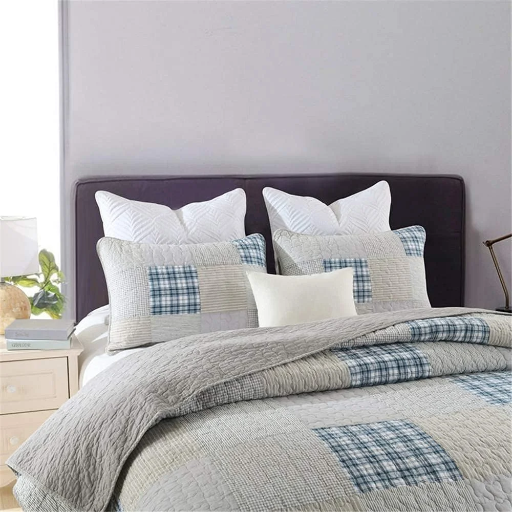 روتختی تکه دوزی شده خاکستری GBMULG طرح راه راه آبی، رو تختی پنبه ای چاپی طرح کهنه با 2 روبالشتی 230x250 سانتی متر