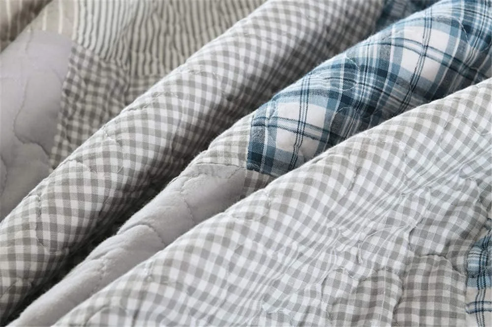 روتختی تکه دوزی شده خاکستری GBMULG طرح راه راه آبی، رو تختی پنبه ای چاپی طرح کهنه با 2 روبالشتی 230x250 سانتی متر