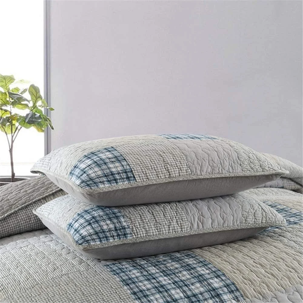 روتختی تکه دوزی شده خاکستری GBMULG طرح راه راه آبی، رو تختی پنبه ای چاپی طرح کهنه با 2 روبالشتی 230x250 سانتی متر