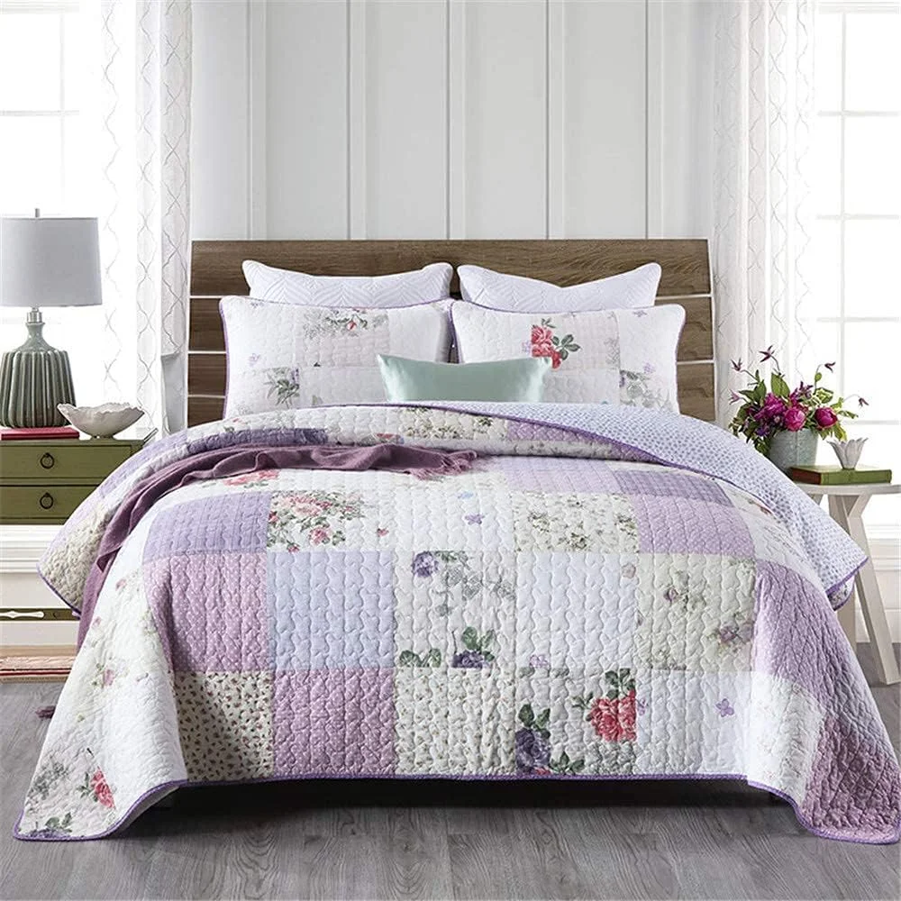 روتختی تکه دوزی شده GBMULG مناسب برای تخت 150 یا 180، لحاف بنفش پنبه ای، تکه دوزی برگشت پذیر مناسب فصل تابستان سایز کینگ