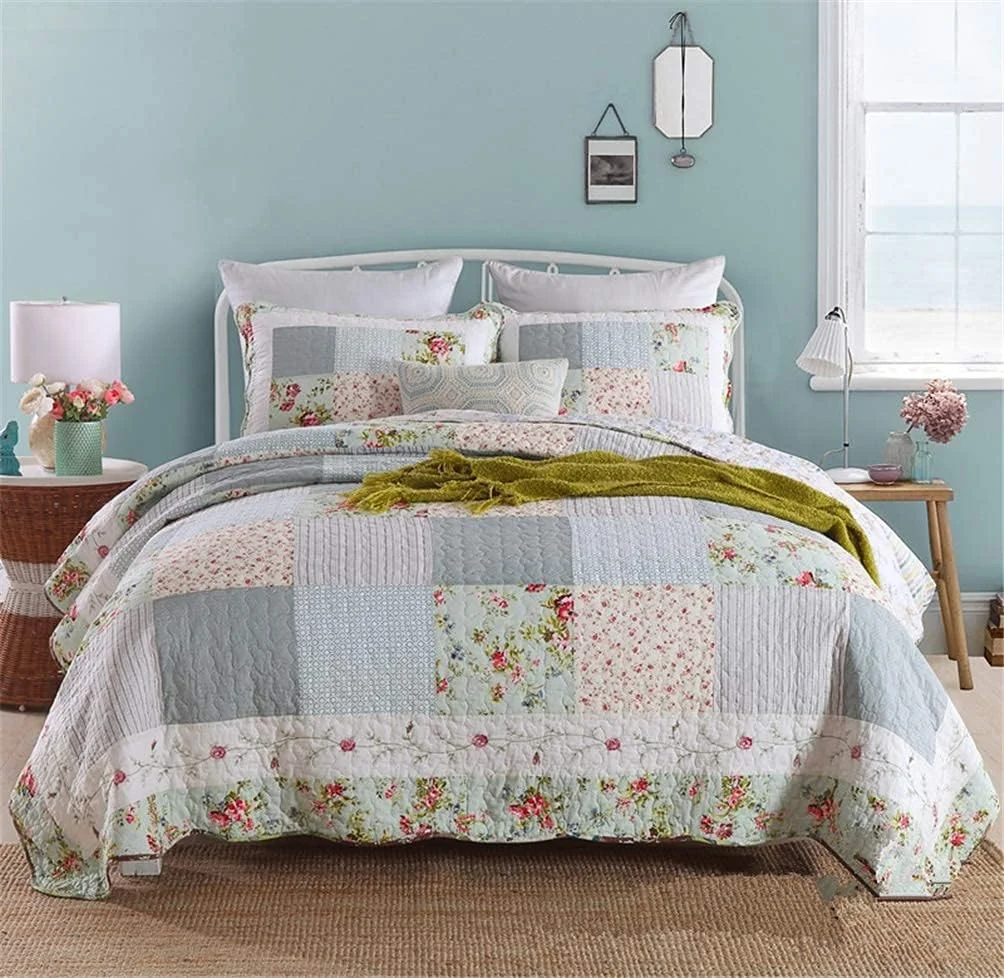 روتختی تکه دوزی شده 3 تکه پنبه ای طرح گلدار وینتیج دو رو، رو تختی و روتختی ضد حساسیت به همراه 2 روبالشتی، 230 در 250 سانتی متر، FLORAL2, Floral3-