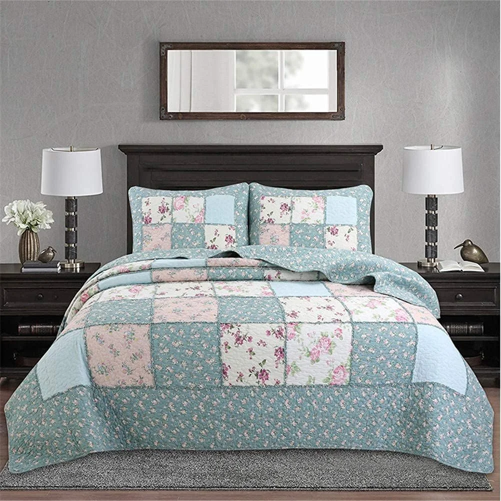 روتختی تکه دوزی شده پنبه ای، ست لحاف تکه دوزی 259x269 سانتی متر با 2 روبالشتی، پتوی بزرگ آبی روشن روکش مبل، روتختی تخت 180، 230x250 سانتی متر - 230x250 سانتی متر