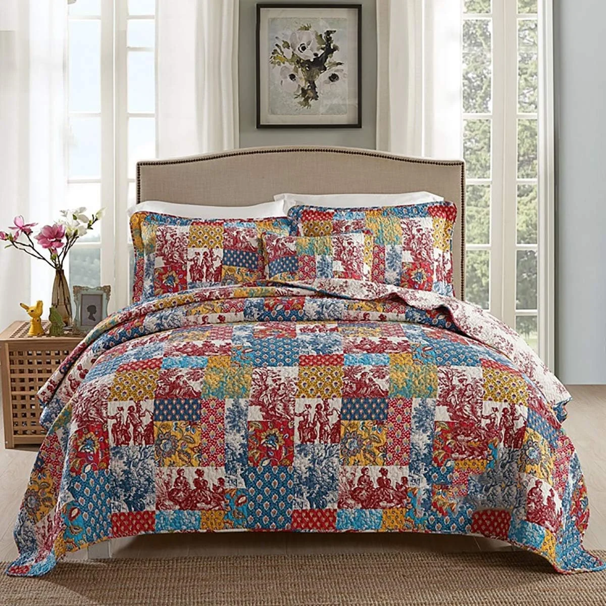 روتختی طرح گلدار و تکه دوزی شده، به همراه 2 روبالشتی، سایز دونفره، 3 تکه، پنبه ای، دو رو، 230 در 250 سانتی متر