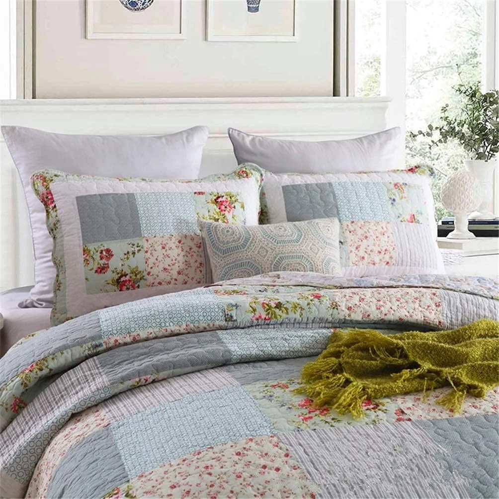 روتختی تکه دوزی شده 3 تکه پنبه ای طرح گلدار وینتیج دو رو، رو تختی و روتختی ضد حساسیت به همراه 2 روبالشتی، 230 در 250 سانتی متر، FLORAL2, Floral3-