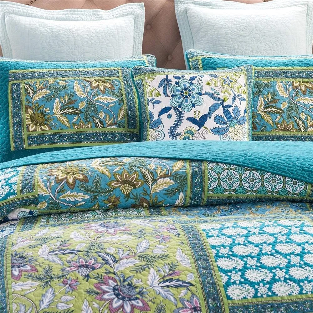روتختی تکه دوزی شده طرح گل آبی، 3 تکه، طرح قدیمی و روستیک، لحاف پنبه ای دو رو با روبالشتی