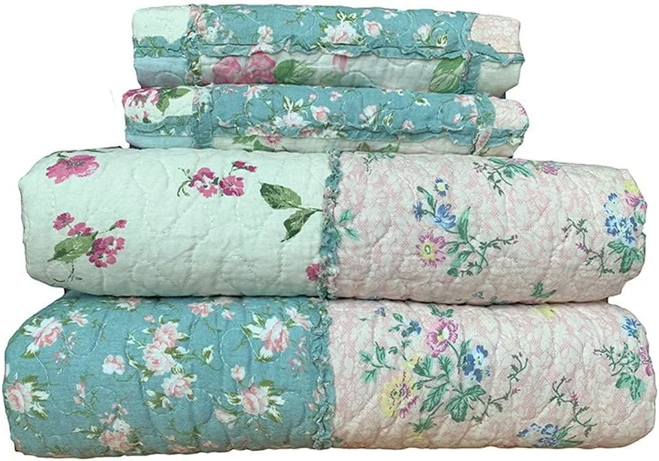 روتختی تکه دوزی شده پنبه ای، ست لحاف تکه دوزی 259x269 سانتی متر با 2 روبالشتی، پتوی بزرگ آبی روشن روکش مبل، روتختی تخت 180، 230x250 سانتی متر - 230x250 سانتی متر