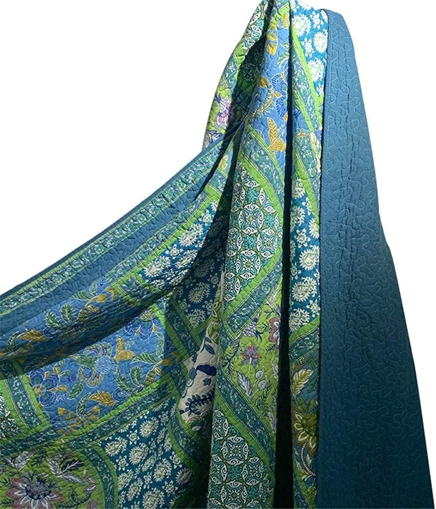 روتختی تکه دوزی شده طرح گل آبی، 3 تکه، طرح قدیمی و روستیک، لحاف پنبه ای دو رو با روبالشتی