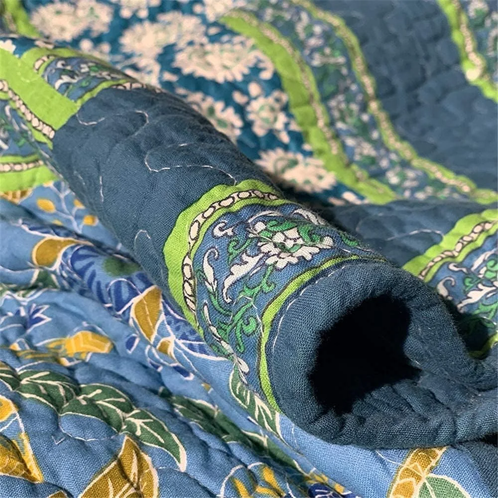 روتختی تکه دوزی شده طرح گل آبی، 3 تکه، طرح قدیمی و روستیک، لحاف پنبه ای دو رو با روبالشتی