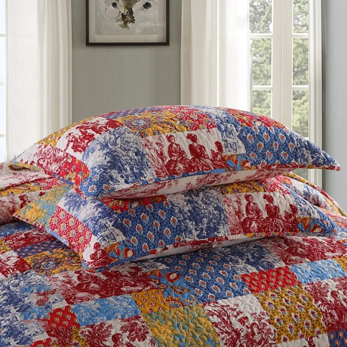 روتختی طرح گلدار و تکه دوزی شده، به همراه 2 روبالشتی، سایز دونفره، 3 تکه، پنبه ای، دو رو، 230 در 250 سانتی متر