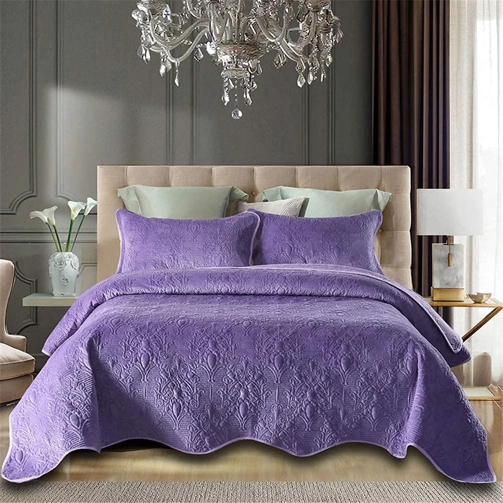 ست روتختی سه تکه پنبه ای طرح تکه دوزی، سایز بزرگ/کامل، طرح برجسته گلدار، بنفش، بنفش