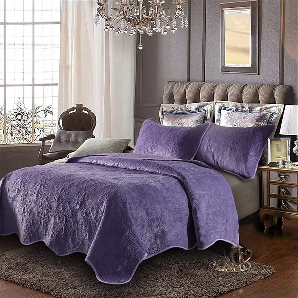 ست روتختی سه تکه پنبه ای طرح تکه دوزی، سایز بزرگ/کامل، طرح برجسته گلدار، بنفش، بنفش