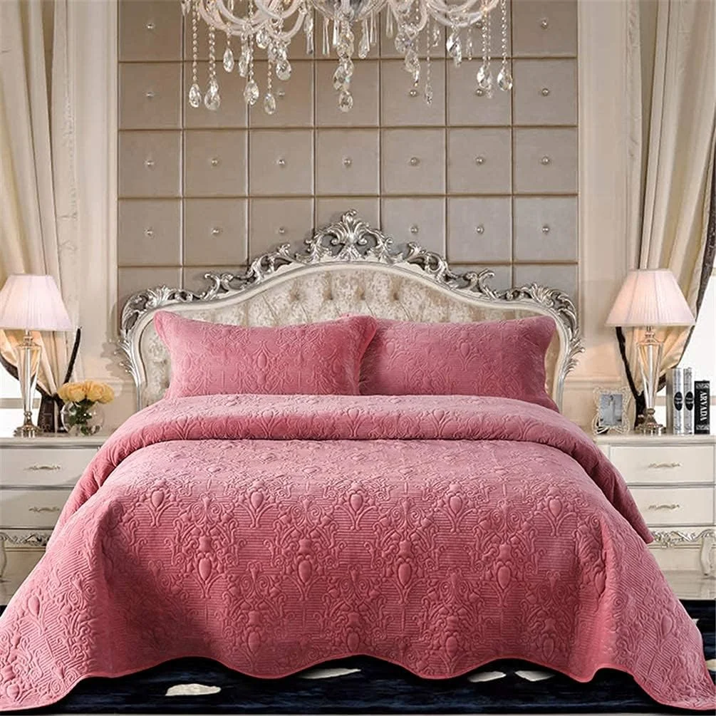 ست روتختی سه تکه پنبه‌ای تکه‌دوزی شده / لحاف طرح‌دار برجسته گل‌دار، بنفش، قرمز