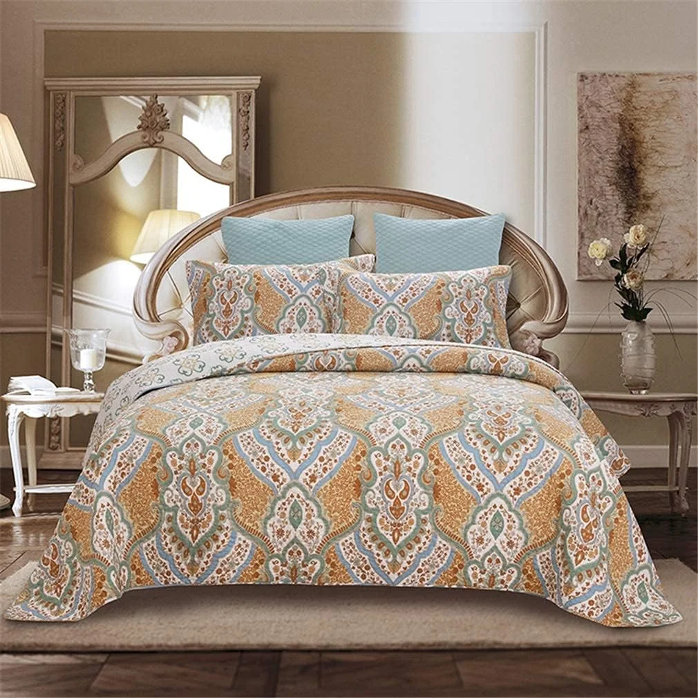 روتختی تکه دوزی سه تکه برجسته سایز کینگ پنبه ای آبی/نارنجی، ست لحاف نرم شامل 2 روبالشتی، آبی، نارنجی