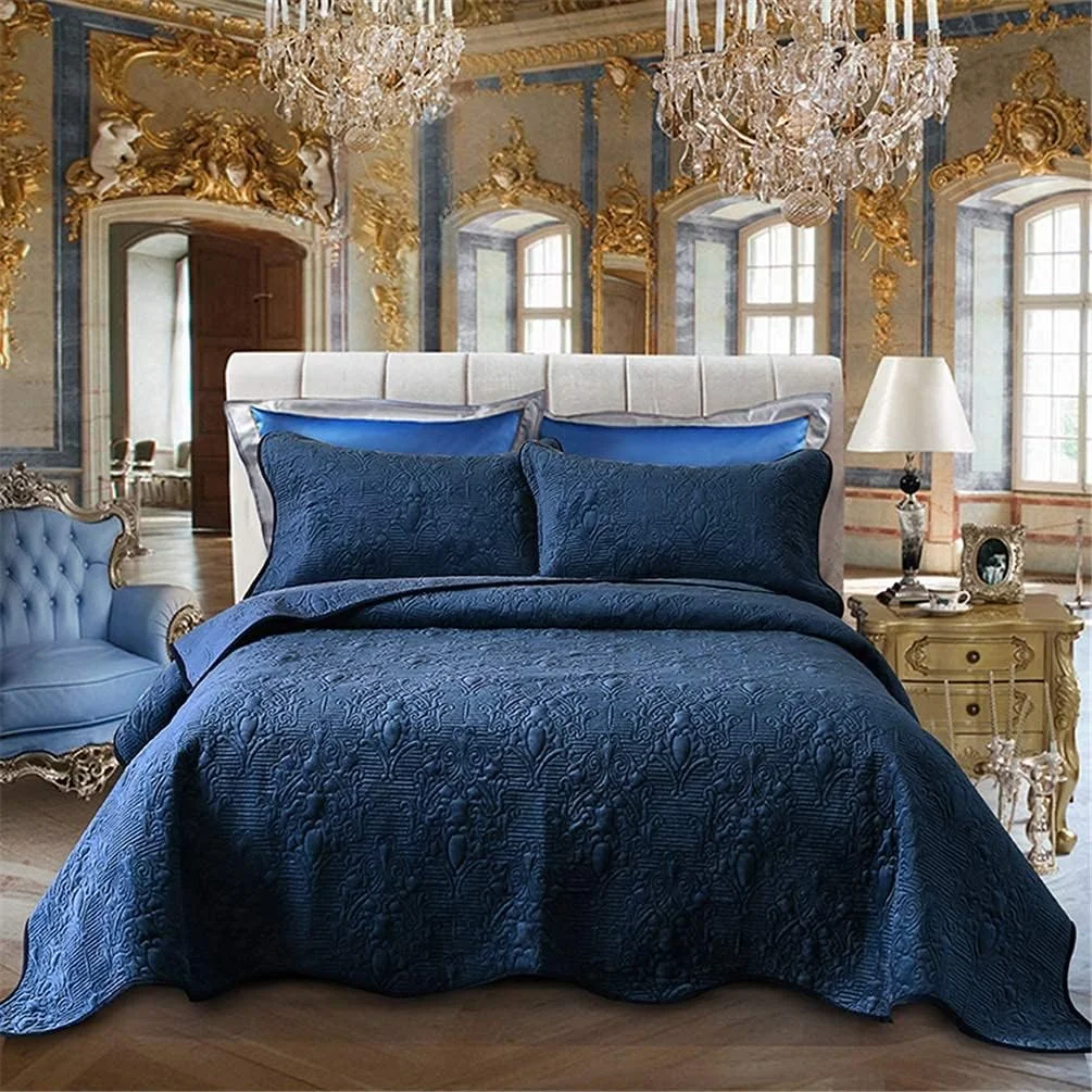 ست روتختی لحاف تکه دوزی شده پنبه ای 3 تکه، طرح برجسته گلدار، بنفش، آبی، سایز بزرگ