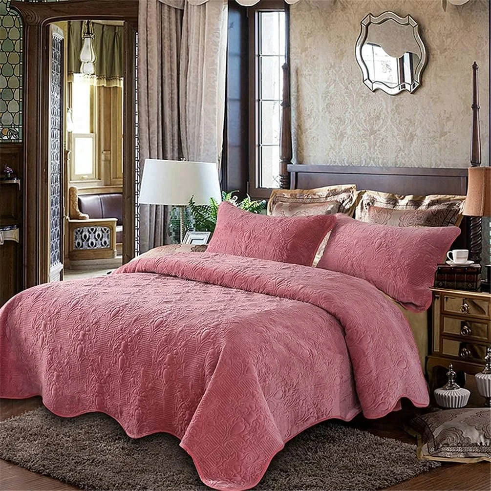 ست روتختی سه تکه پنبه‌ای تکه‌دوزی شده / لحاف طرح‌دار برجسته گل‌دار، بنفش، قرمز