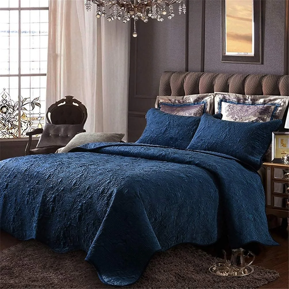 ست روتختی لحاف تکه دوزی شده پنبه ای 3 تکه، طرح برجسته گلدار، بنفش، آبی، سایز بزرگ