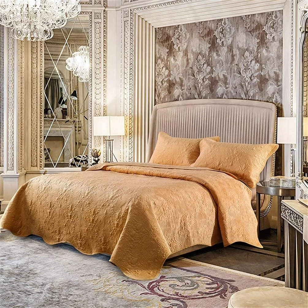 ست روتختی لحاف تکه دوزی شده پنبه ای 3 تکه GBMULG طرح برجسته گلدار، بنفش، طلایی، سایز بزرگ