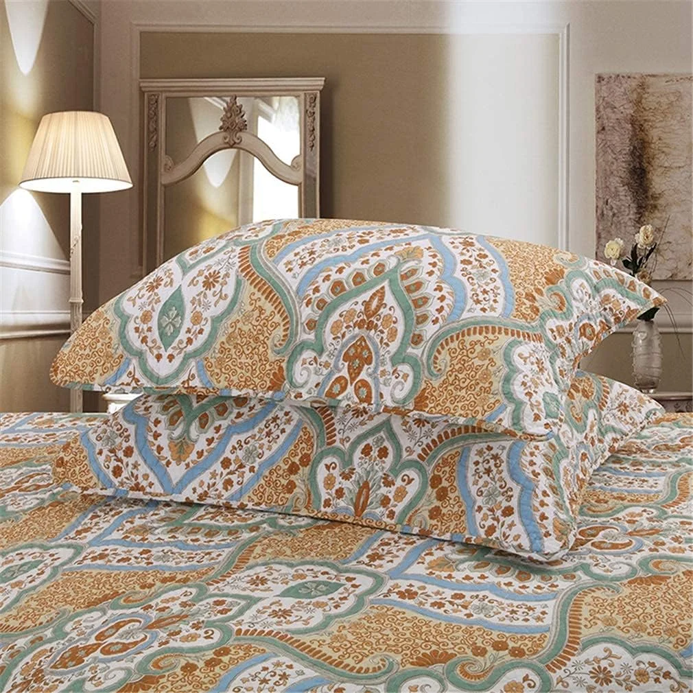 روتختی تکه دوزی سه تکه برجسته سایز کینگ پنبه ای آبی/نارنجی، ست لحاف نرم شامل 2 روبالشتی، آبی، نارنجی