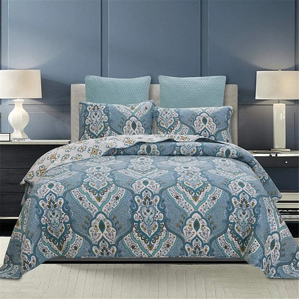 روتختی تکه دوزی شده سه تکه GBMULG سایز کینگ پنبه ای آبی/نارنجی، ست لحاف نرم شامل 2 روبالشتی، آبی، آبی