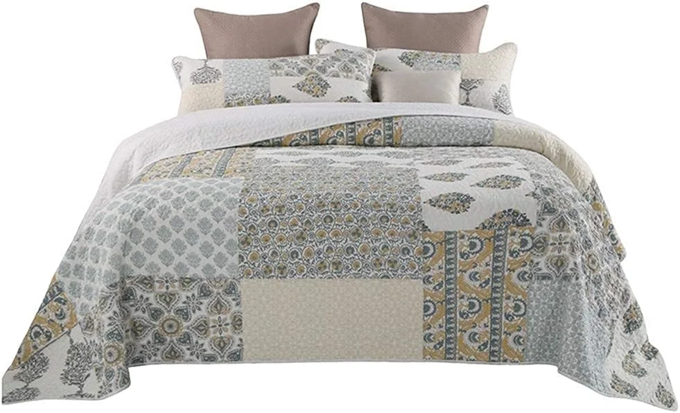 روتختی تکه دوزی شده سه تکه جی بی ام یو ال جی، سایز سوپر کینگ، روتختی پنبه ای، مناسب برای تخت های دو نفره و کینگ سایز، 250 در 270 سانتی متر، همراه با 2 روبالشتی