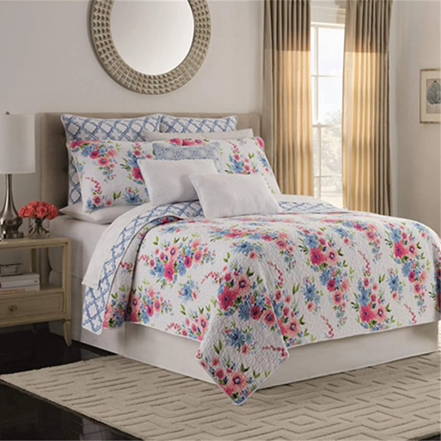 روتختی تکه دوزی شده سفید، روتختی پنبه ای، ست روتختی طرح گل، 3 تکه، پتو و روبالشتی میکروفیبر چند منظوره، 200 در 230 سانتی متر