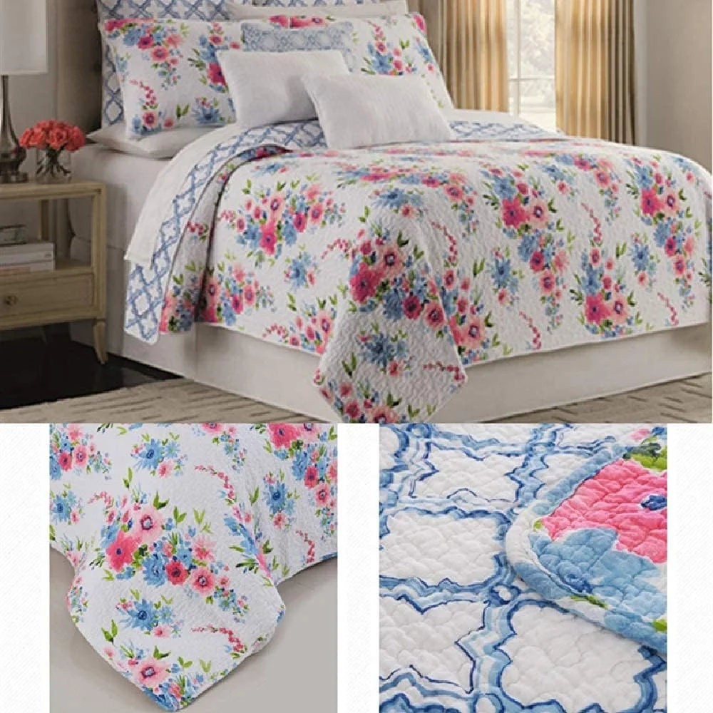 روتختی تکه دوزی شده سفید، روتختی پنبه ای، ست روتختی طرح گل، 3 تکه، پتو و روبالشتی میکروفیبر چند منظوره، 200 در 230 سانتی متر