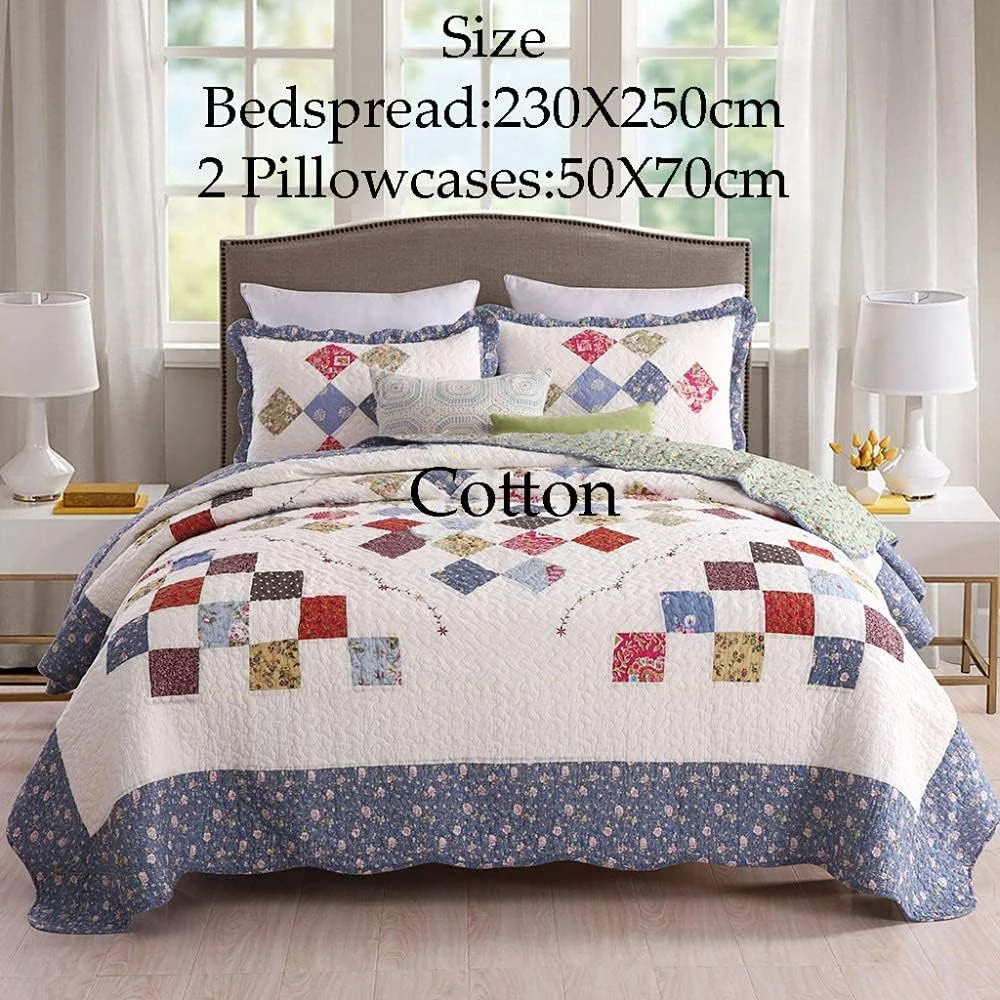 روتختی دو نفره طرح دار سه تکه سایز کینگ 230X250 سانتی متر، لحاف تکه دوزی شده به سبک اروپایی شامل 1 رو تختی و 2 روبالشتی، ملحفه سبک وزن، لحاف 230X250 سانتی متر، لحاف کینگ 230X250 سانتی متر