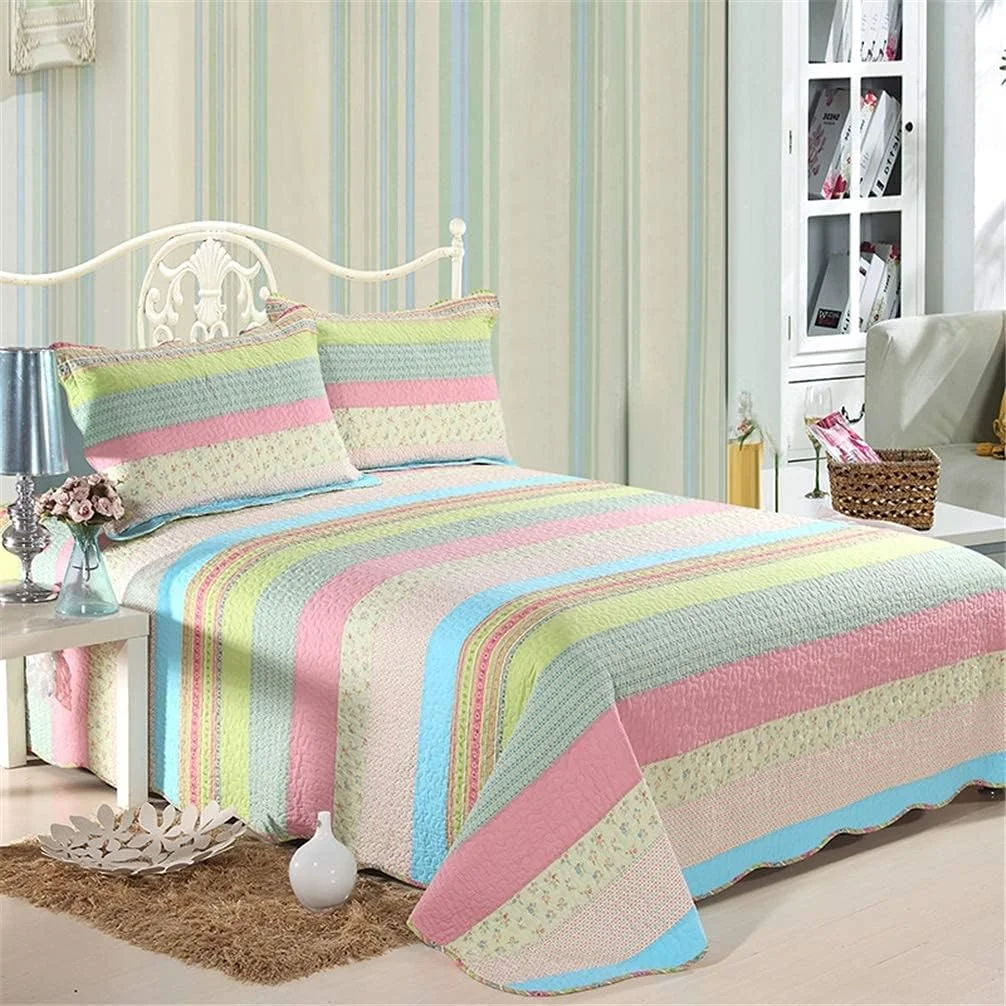 روتختی سه تکه طرح دار صورتی سبز راه راه، روتختی تکه دوزی شده 230 در 250 سانتی متر، روتختی نخی مناسب تخت 150 یا 180، 3 تکه - 4 تکه