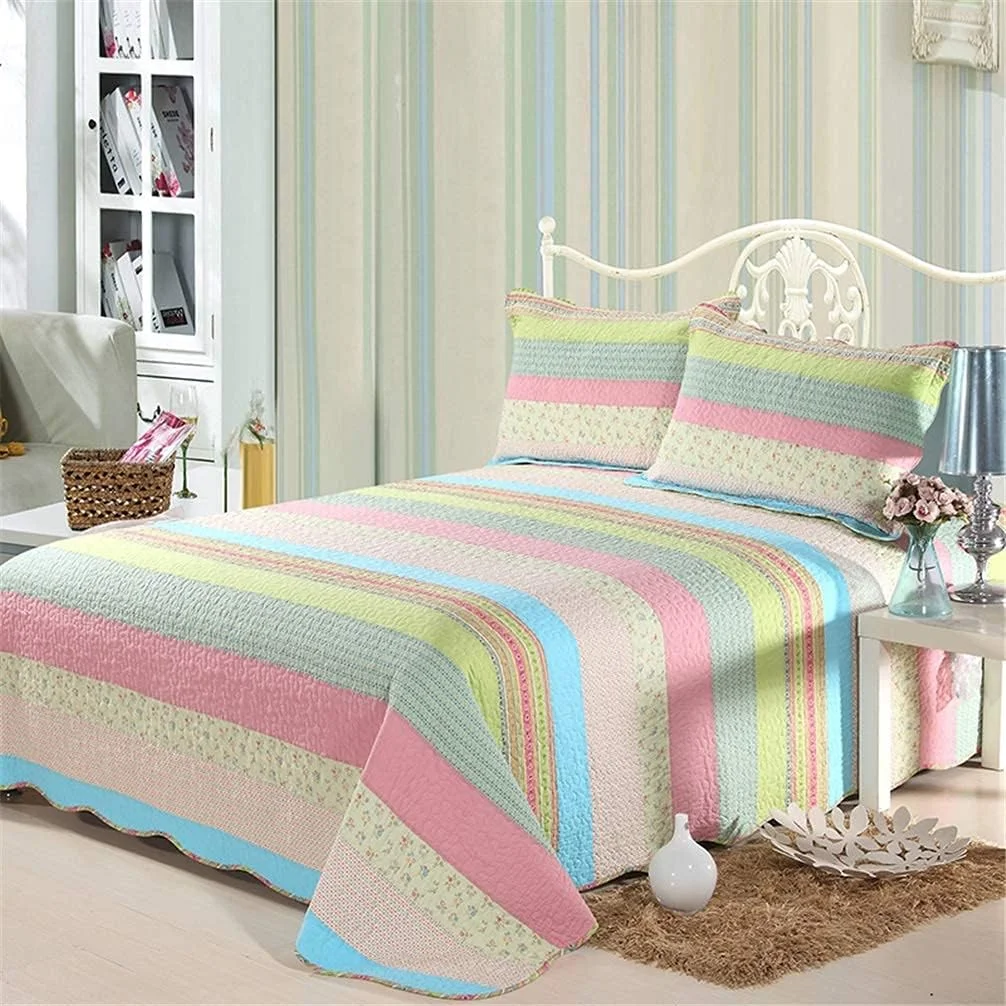 روتختی سه تکه طرح دار صورتی سبز راه راه، روتختی تکه دوزی شده 230 در 250 سانتی متر، روتختی نخی مناسب تخت 150 یا 180، 3 تکه - 4 تکه