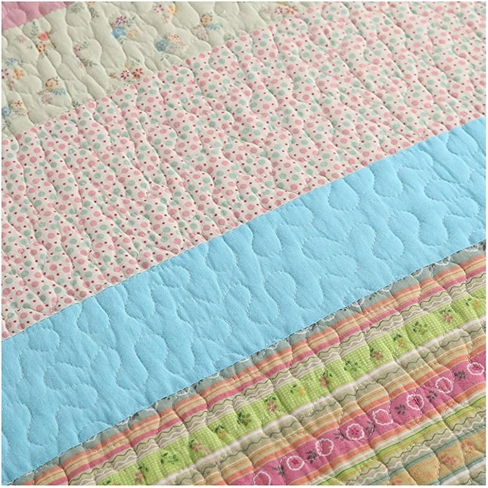 روتختی سه تکه طرح دار صورتی سبز راه راه، روتختی تکه دوزی شده 230 در 250 سانتی متر، روتختی نخی مناسب تخت 150 یا 180، 3 تکه - 4 تکه