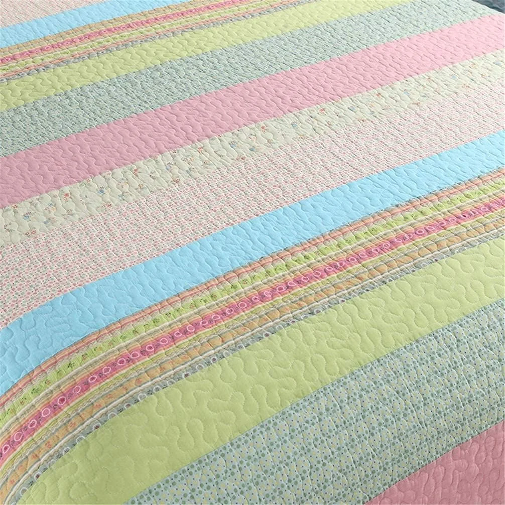 روتختی سه تکه طرح دار صورتی سبز راه راه، روتختی تکه دوزی شده 230 در 250 سانتی متر، روتختی نخی مناسب تخت 150 یا 180، 3 تکه - 4 تکه