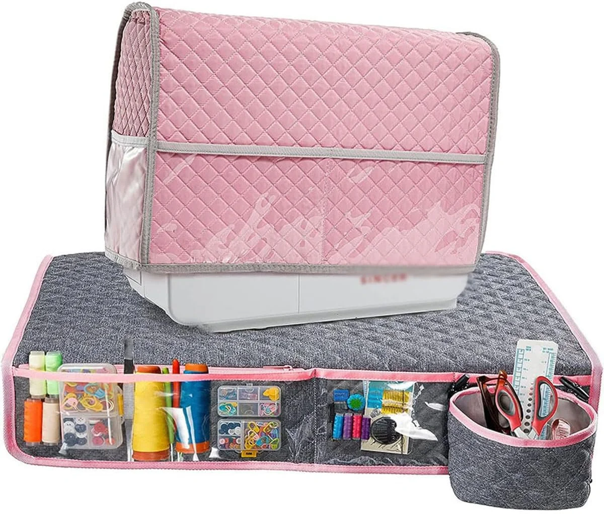 روکش گرد و غبار چرخ خیاطی صورتی BDJSN، ضد آب و ضد خش با 2 جیب، کیف قابل حمل برای نگهداری ابزار چرخ خیاطی، مناسب برای اکثر چرخ خیاطی های کوچک استاندارد