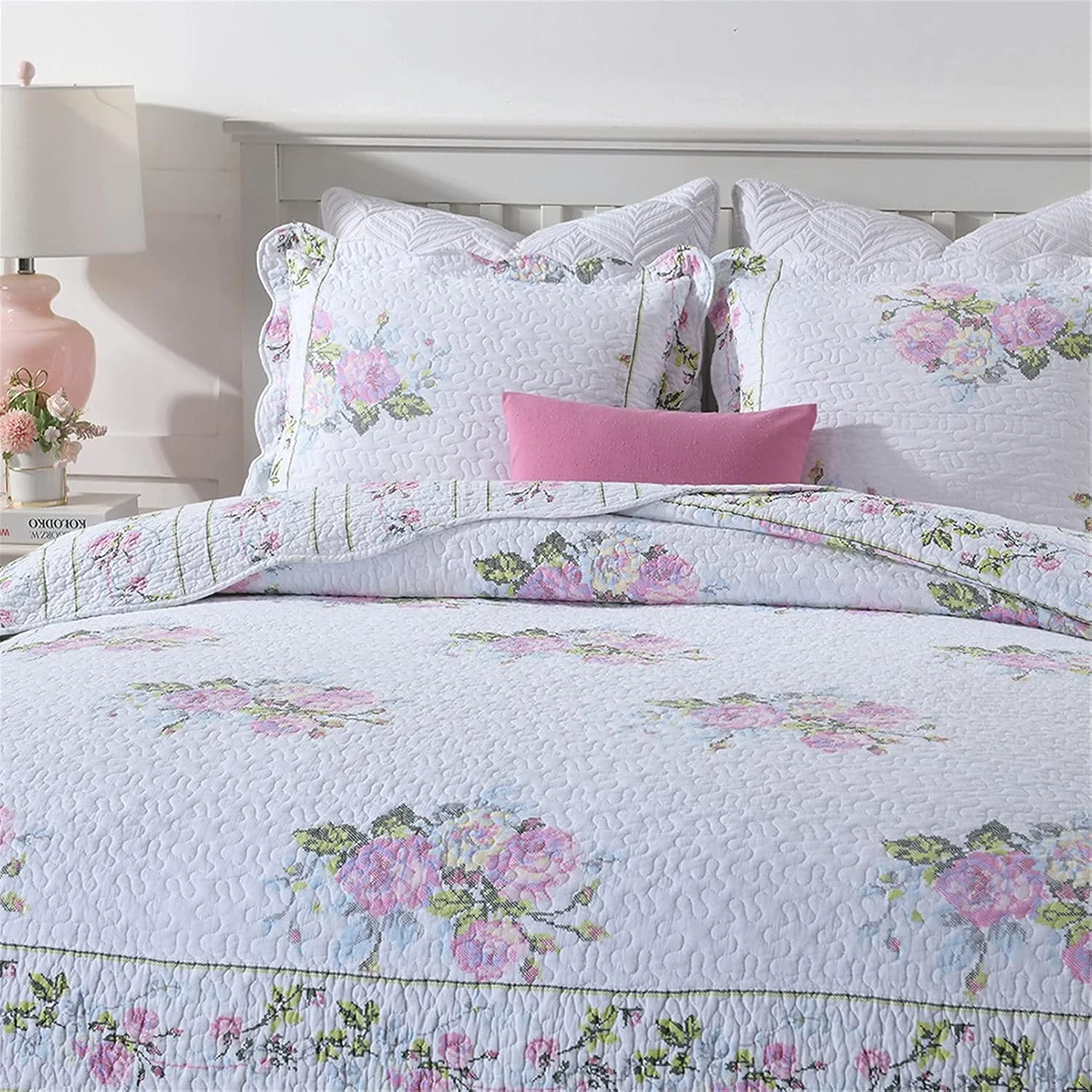 روتختی لحافی سفید طرح دار + 2 روبالشتی پنبه ای دو رو طرح گلدار زیبا و قدیمی، مناسب دکور اتاق خواب، سایز کینگ، ست 3 تکه