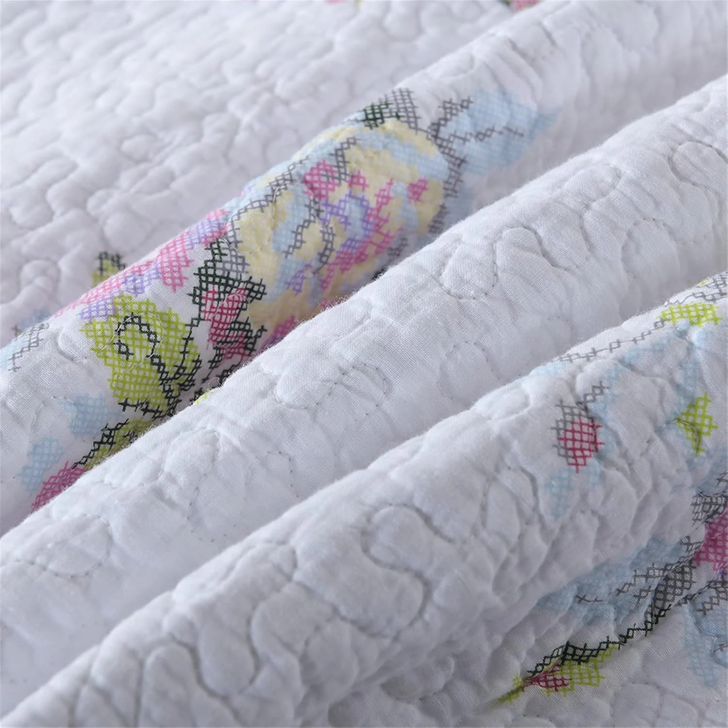 روتختی لحافی سفید طرح دار + 2 روبالشتی پنبه ای دو رو طرح گلدار زیبا و قدیمی، مناسب دکور اتاق خواب، سایز کینگ، ست 3 تکه