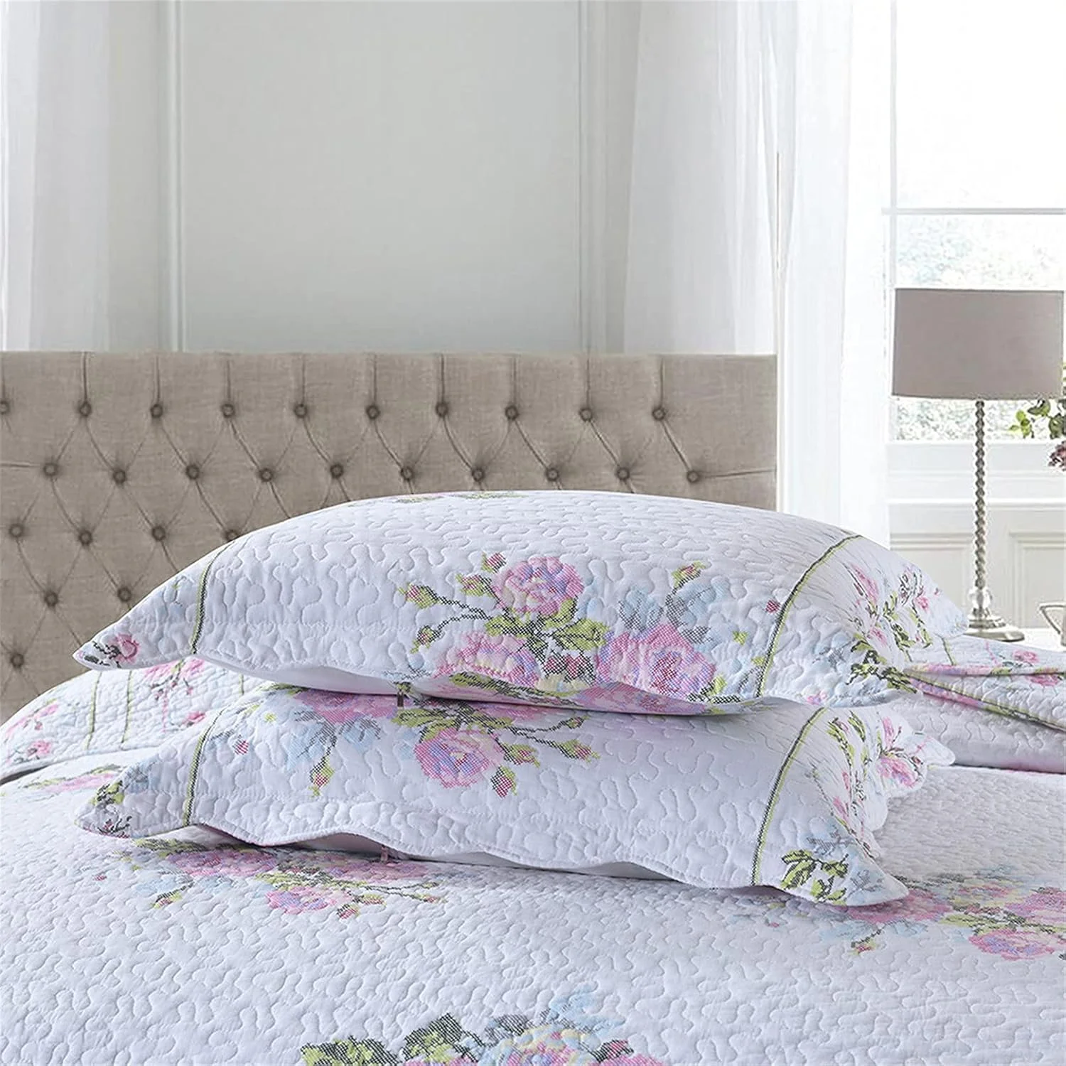 روتختی لحافی سفید طرح دار + 2 روبالشتی پنبه ای دو رو طرح گلدار زیبا و قدیمی، مناسب دکور اتاق خواب، سایز کینگ، ست 3 تکه